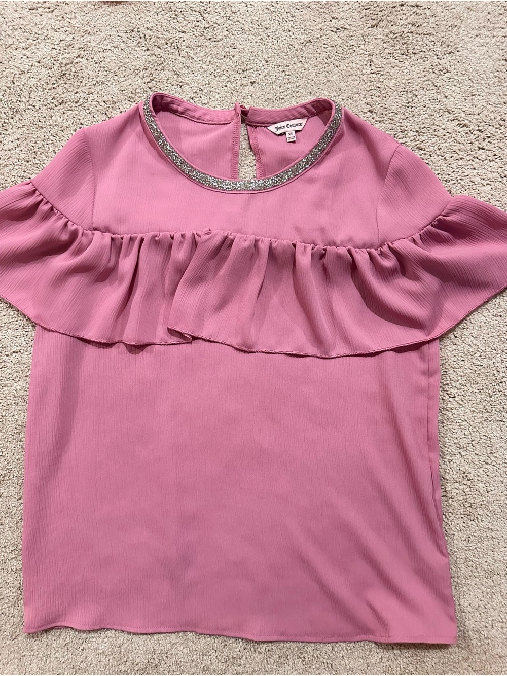 XS Juicy Couture Pink Ruffle Short-Sleeve Top with Beaded Collar